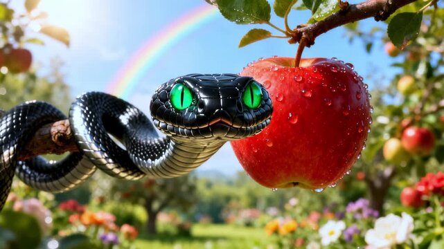 Snake and apple in Garden of Eden. Dark snake coils around red apple under bright rainbow. Temptation, sin and fall of man. Religious symbolism, forbidden fruit, struggle between good and evil concept