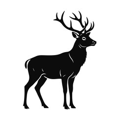 Obraz premium Deer silhouette illustration in black and white, elegant animal profile with large antlers and natural shape, forest wildlife symbol, deer head, wild animal, forest art, nature design