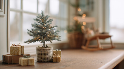 柔らかな光が差し込む窓辺のテーブルの上に飾られた、ナチュラルで落ち着いたトーンのクリスマスツリー・ミニチュアのモミの木が編み込みの鉢に入り、その周りにはくすみカラーのボックスやクラフト紙のような包みのプレゼントが置かれています。背景のベージュのカーテンや落ち着いた壁紙が、全体に温かく、ノスタルジック