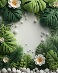 Tropical Botanical Composition:  A lush arrangement of tropical leaves and delicate flowers frames a central, inviting space. The scene evokes a sense of freshness and natural beauty.