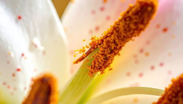 Macro close up of a lily flower stamen with orange pollen grains and water droplets on delicate white petals with soft bright lighting