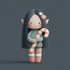 Cute Doll with Candy Cane: A charming doll, with long hair and adorned with delicate features, holds a whimsical candy cane. The endearing character embodies a sense of innocence.