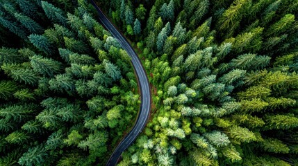 Winding road through dense green forest under bright sunlight clear skies in a serene natural setting