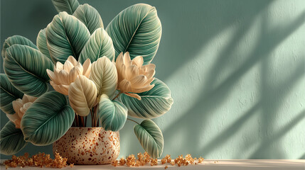 Serene Floral Elegance: A captivating indoor botanical arrangement, a fusion of delicate blooms and lush foliage that graces a living space