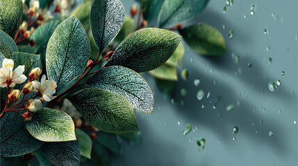 Botanical Bliss: A close-up view unveils the intricate beauty of lush green leaves, adorned with delicate white flowers, each glistening with sparkling droplets, a refreshing scene
