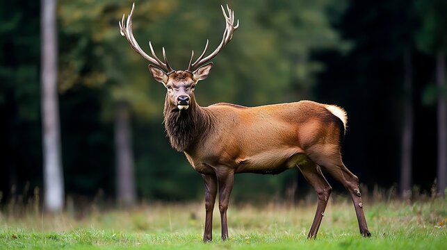A majestic red deer stag stands proudly in a grassy meadow, showcasing impressive antlers.