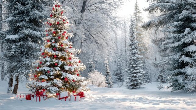 Decorated christmas tree with gifts in a snowy forest with sunlight filtering through trees