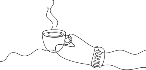 Fototapeta premium Continuous line art drawing of hand holding coffee cup minimal vector graphic