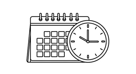 A simple line drawing depicting a calendar and a clock together