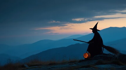 Witch sitting on a mountain with a carved pumpkin at sunset overlooking a misty landscape in the distance