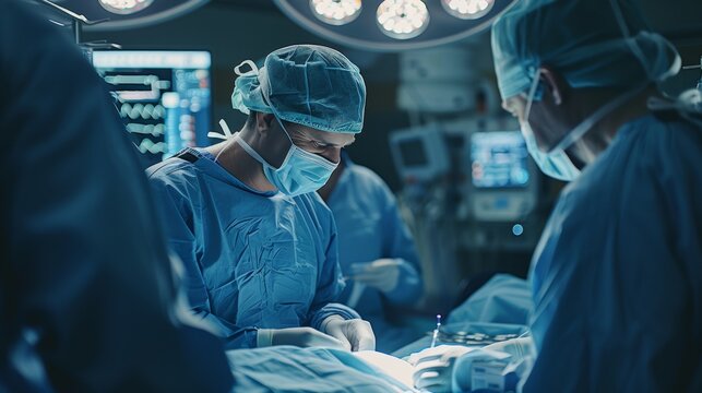 Surgeons monitor advanced robotic arms performing complex nanosurgery in state of the art hospital