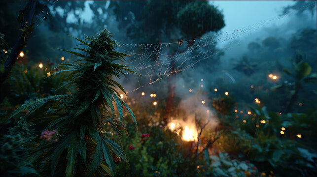 Marijuana plant with dense buds in forest under a spider web covered with water droplets with blurred background of burning fire and trees in rainy atmospheric conditions