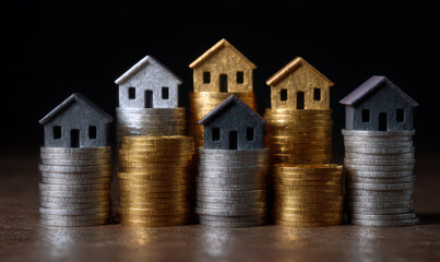 Concept of Investing in Real Estate with Coins and Houses Background
