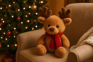 Fototapeta premium Christmas Teddy Bear – Cute Reindeer Plush Toy with Scarf by the Christmas Tree