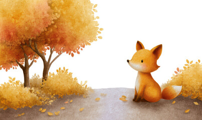 Watercolor Charming Fox Illustration for Children Book in Autumn Setting Background
