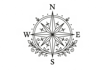 Ornate compass rose symbol representing navigation, travel, adventure, and direction on a transparent background
