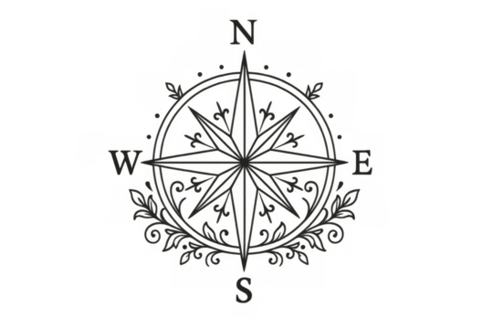 Ornate compass rose symbol representing navigation, travel, adventure, and direction on a transparent background