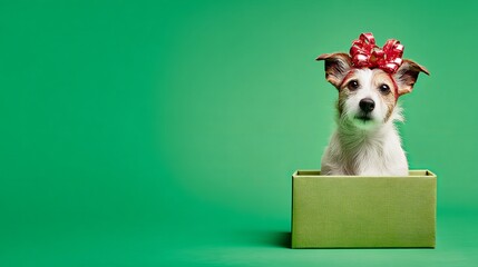 Cute dog with red bow sitting in green gift box