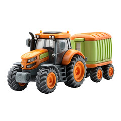 Obraz premium A 3D rendered toy tractor with trailer in orange and green isolated on a white background