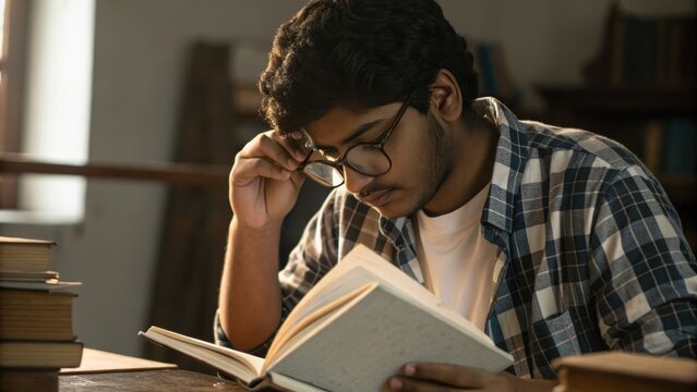 Indian student focused on reading book in cozy room filled with books, capturing essence of student life and learning passion - Powered by Adobe