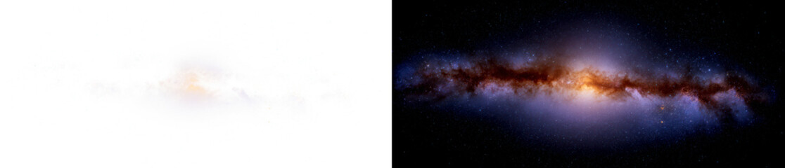 Obraz premium Cosmic Phenomenon Galaxy with Bright Center and Stellar Features Display on Transparent and Black Background, png