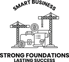 A black and white image of cranes and money with the words 