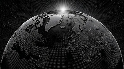 Faded black holographic outline of Earth on dark textured background, futuristic network style, digital global concept, abstract science technology visualization, cosmic data representation