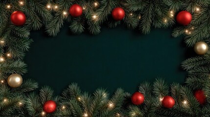Festive Christmas holiday frame with realistic green fir tree branches, glowing golden string lights, and shiny red and gold baubles on a dark teal background