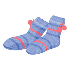 Knitted socks with pom poms in blue and pink design on a simple white background, perfect for cozy winter days and relaxation at home