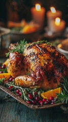 A golden roasted Thanksgiving turkey sits beside shimmering candles, creating a warm festive glow. Crisp skin, herbs, and cozy ambience capture the richness and tradition of a classic holiday celebrat