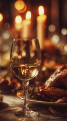 A warm Thanksgiving dinner scene featuring a glass of red wine glowing in candlelight beside a perfectly roasted turkey, capturing the cozy holiday mood and festive family gathering atmosphere.