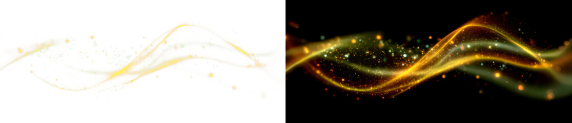 Dynamic Golden Light Waves with Sparkles and Glow Display on Transparent and Black Background, png