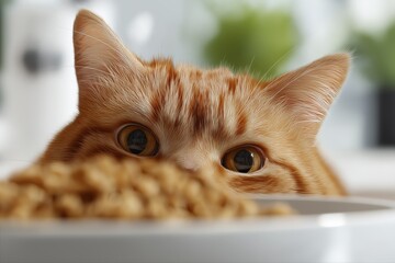 Curious ginger cat eyeing bowl of food with intense focus indoors