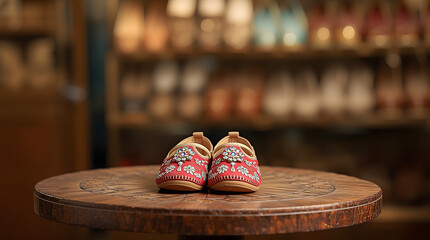 Chic light pink juttis with bold pink and green floral silk embroidery, prominently displayed on a sleek wooden surface, highlighting their glamorous and feminine design in a shoe store.