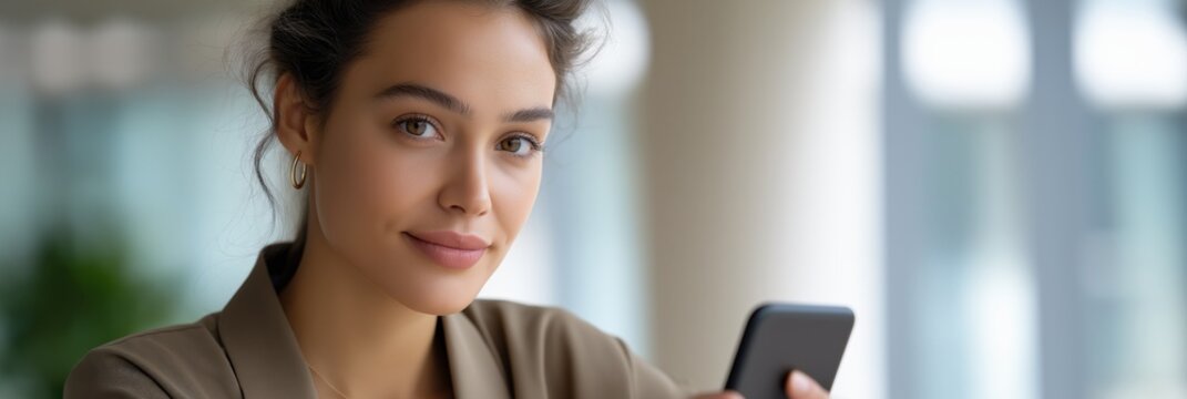 Young caucasian female adult with phone smiling indoors in casual attire - Powered by Adobe
