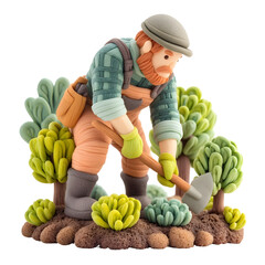 A charming plasticine sculpture of a gardener wearing overalls and a hat busily digging in a miniature garden filled with lush greenery