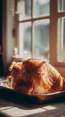 Sunlit steam rises from a golden Thanksgiving turkey, creating a serene holiday mood. Gentle morning light and rustic kitchen textures evoke the warmth of home and the spirit of festive cooking.
