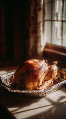 A freshly roasted Thanksgiving turkey rests in a warm tray by the window, steam rising into the soft morning light. The calm, rustic atmosphere captures the comforting start of a holiday filled with t