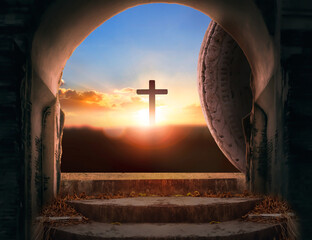 Resurrection - Empty Tomb With Rolled Stone And Doves Flying Out Of Cave - Crosses On Hill At Sunrise