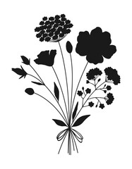 Bouquet of silhouettes of various wildflowers in black color. Hand drawn flower shapes, meadow herbs, wild plants, and botanical elements for design projects. Vector illustration