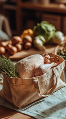 Fresh Thanksgiving turkey rests among herbs and seasonal vegetables, ready for holiday prep. Natural textures and earthy tones highlight the start of a festive cooking ritual filled with tradition and