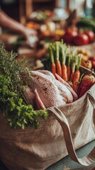 Fresh Thanksgiving turkey rests among herbs and seasonal vegetables, ready for holiday prep. Natural textures and earthy tones highlight the start of a festive cooking ritual filled with tradition and