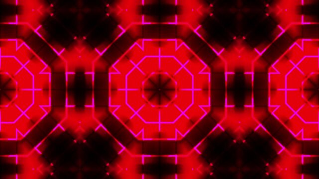 Red Geometric Kaleidoscope Motion Background with Symmetrical Light Pattern