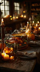 A warm Thanksgiving table glows with soft candlelight, featuring a golden roasted turkey at the center. Seasonal décor, rustic textures, and an inviting atmosphere capture the heart of the holiday gat