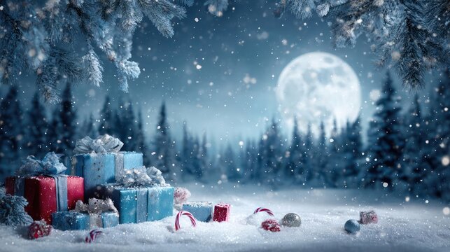 Magical winter wonderland scene with a full moon illuminating a snowy forest filled with christmas presents