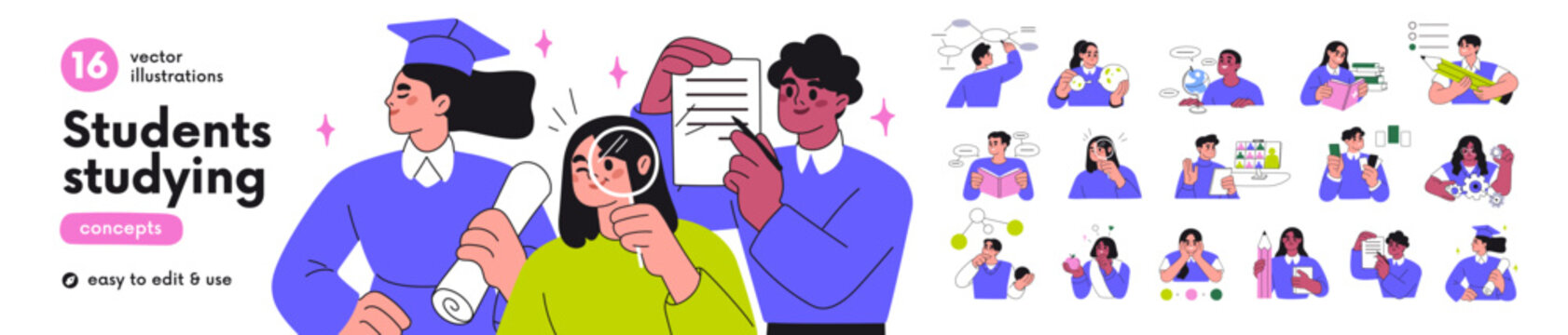 Students studying, learning set. Smart characters, learners writing, thinking, reading books, solving schemes. Education and knowledge concept. Flat vector illustrations isolated on white background