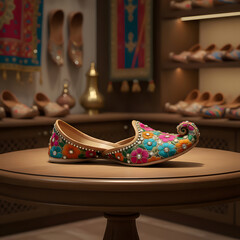 Exquisite, highly ornate jutti with a distinctive upturned toe, covered in vibrant multi-color floral embroidery and sparkling beadwork, beautifully displayed in a traditional shoe shop setting.