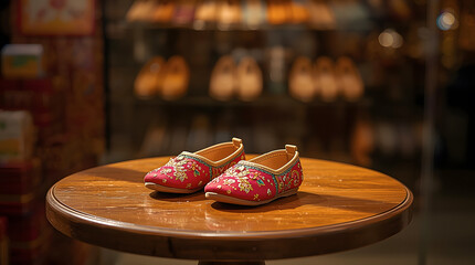 Stunning red embroidered juttis with shimmering floral mirror work and gold border, showcased on a wooden table in a brightly lit shoe boutique. Perfect ethnic footwear.