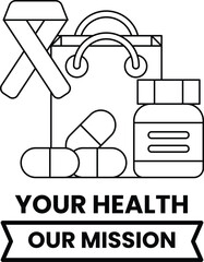 A black and white image of a ribbon, a bag, and a bottle of pills