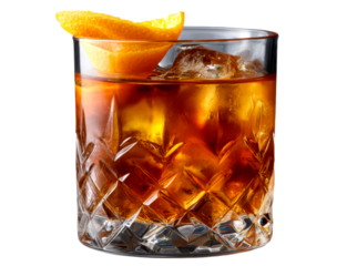 Vintage Cocktail Glass with Orange Peel Twist and Ice Isolate on Transparent Background, cutout, png